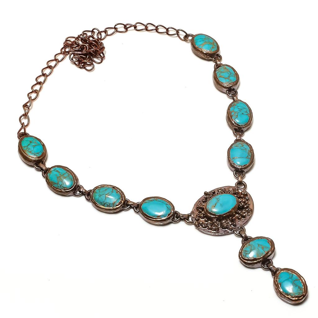 Arizona Turquoise Gemstone Necklace, Copper Electroformed Necklace Adjustable Chain Jewelry, Handmade Antique Jewelry Gift For Mother