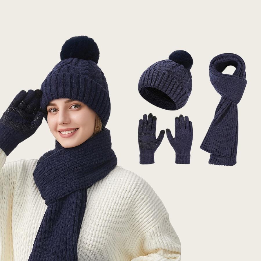 Knitted Hat Scarf Gloves Women's Winter Thick Ear-Warming Hat and Neck Warmer Set 3Pcs