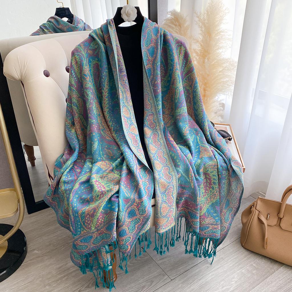 Damski Modny Zimowy Szalik z Sztucznego Kaszmiru Winylowy Wzór Z Frędzlami Gruby Ciepły Szal Pashmina Dwustronny Okrycie Zewnętrzne