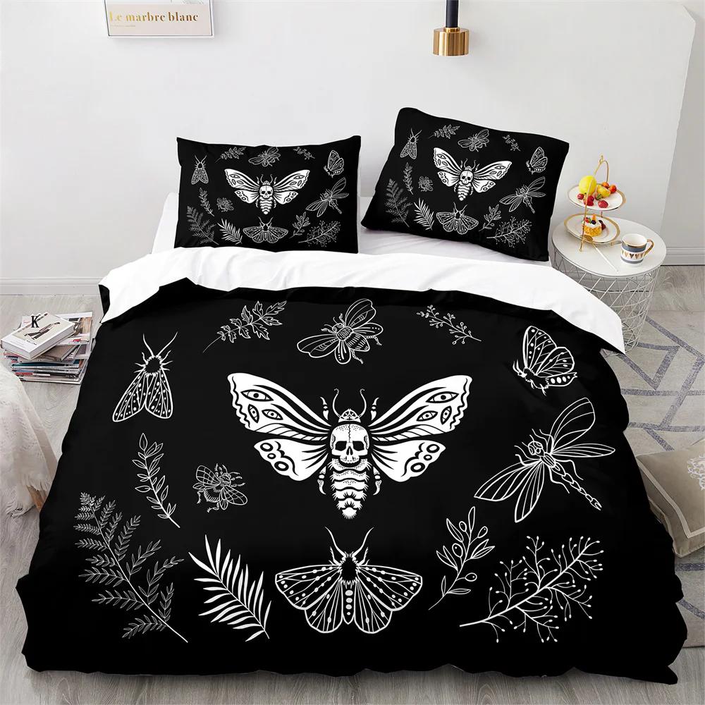 Gothic Skul King Quen Soft Duvet Cover Death Moth plus Flowers Beding Set Personalized Skeleton Bones Teal Polyester Comfortable Quilt Cover