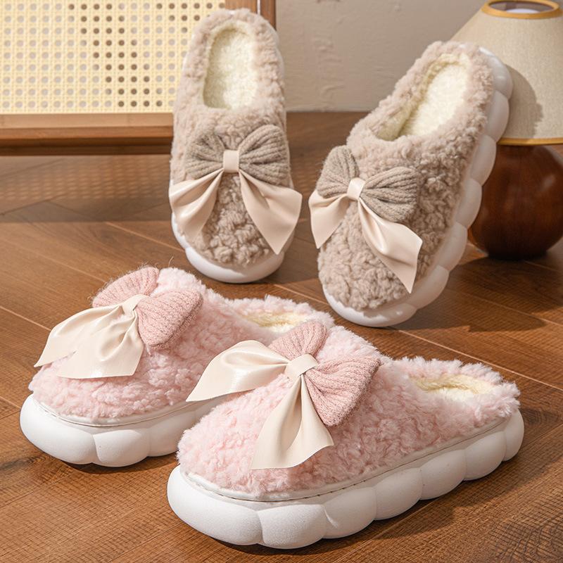 Bow Cotton Slippers Autumn and Winter Thick-soled Indoor Comfortable and Lightweight Plush Warm Plush Plush Cotton Shoes