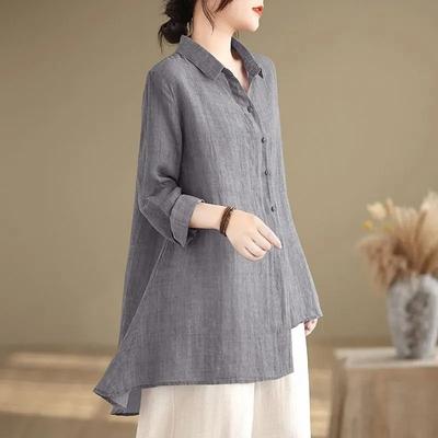 Damenhemd Übergröße Baumwolle Locker Bluse Lässig Langarm Pullover Umlegekragen Langes Hemd Top
