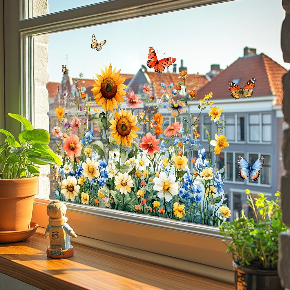Painted Sunflower and Butterfly Balcony Glass Home Beautification and Decoration Static Electricity Window Stickers