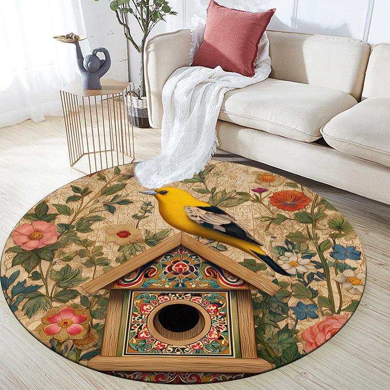Vintage Flower Bird,Round Area Rug,Carpet Rug for Living Room Bedroom Sofa Playroom Decor,Non-slip Floor Mat