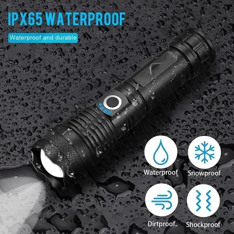 XHP50 High Power Rechargeable LED Tactical Flashlight Aluminum Alloy Telescopic Zoom Torch Lamp for Outdoor Camping Fishing