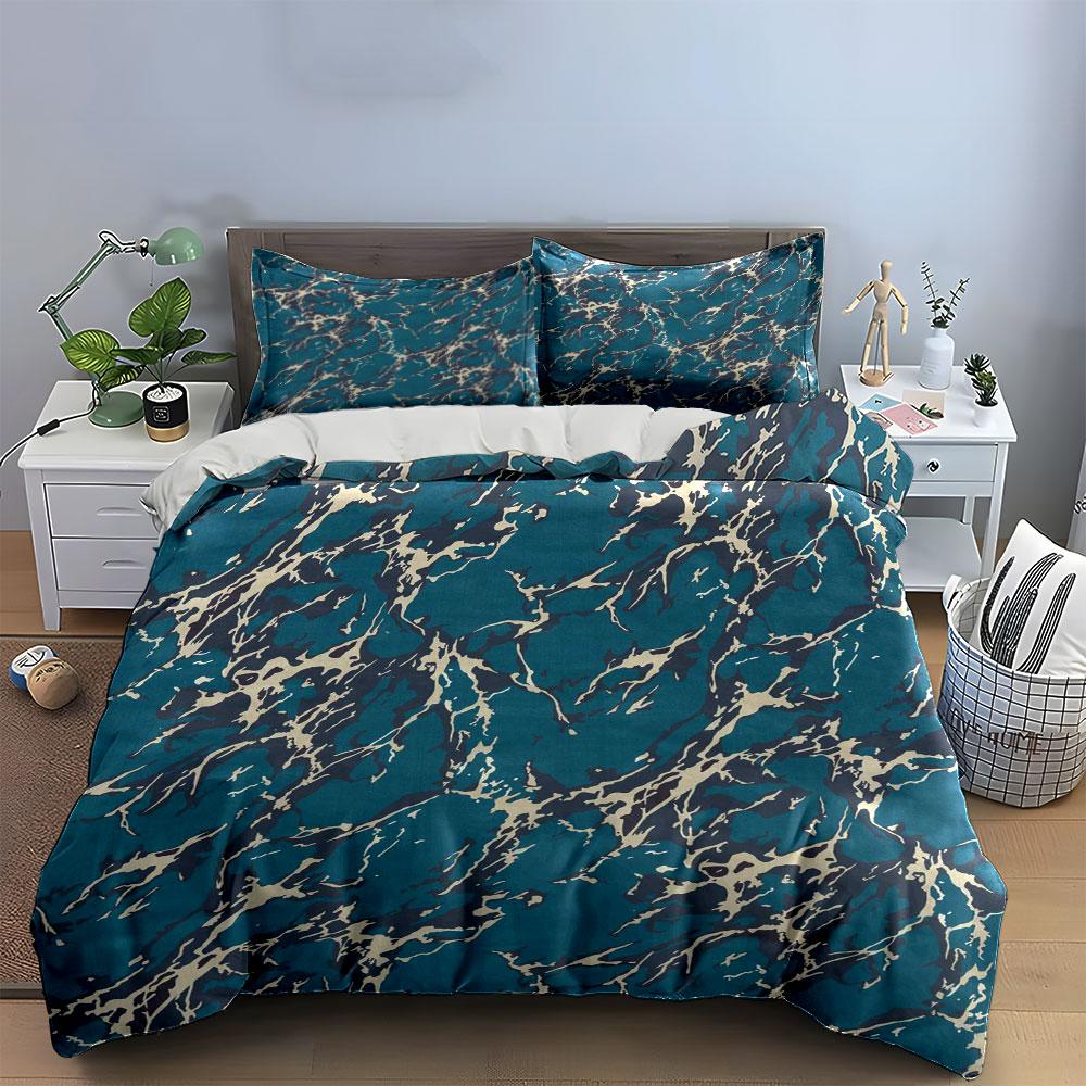 3Pcs Teal Marble Pattern Bedding Set, Abstract Fluid Print Duvet Cover + 2 Pillowcases, Modern Decor