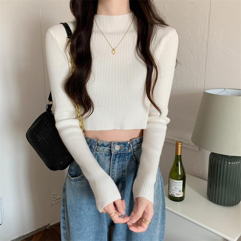 Осенне-зимний модный и сексуальный короткий облегающий свитер с высокой талией и открытой пуговицей, однотонный свитер с длинными рукавами для женщин one size белый