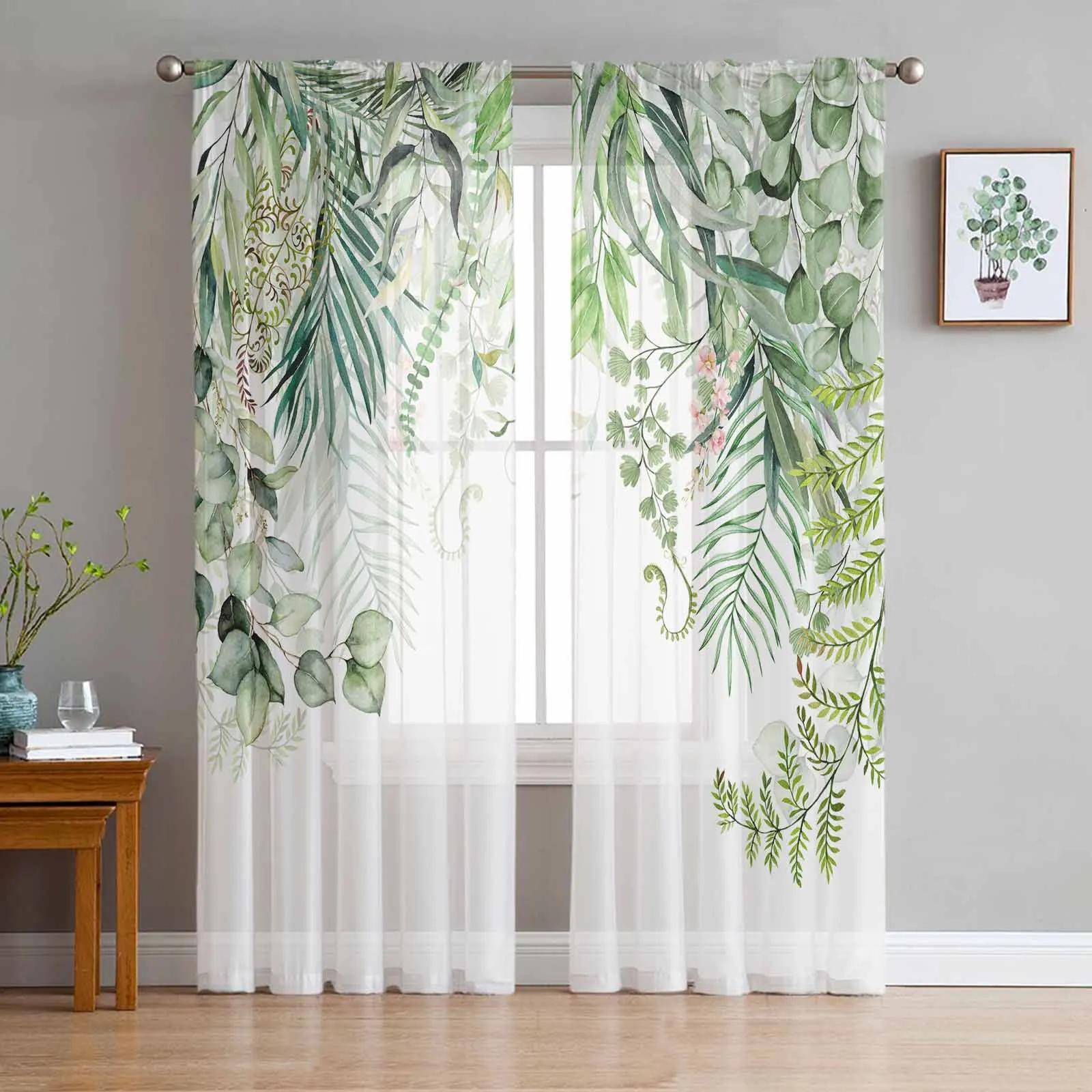 Pflanzengrüne Rattanblätter, weiße Chiffon-Vorhänge für Wohnzimmer, Schlafzimmer, Dekoration, Fenster, Voiles, Tüllvorhänge W135 x H115cm x1&Grommet Top