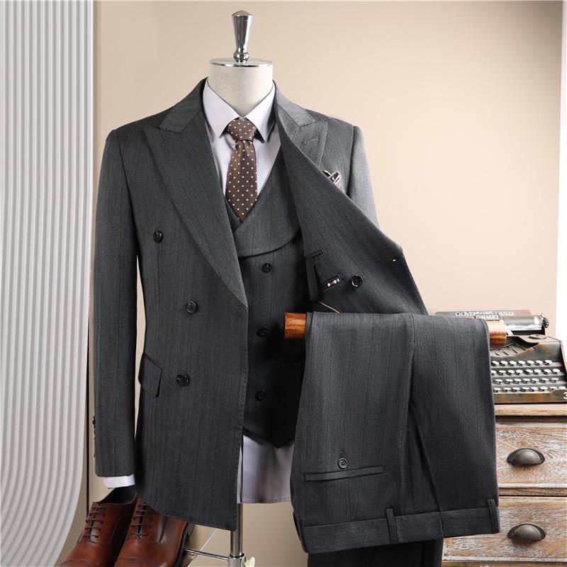 Men's High-End Pinstripe Wool Double-Breasted Three-Piece Suit: Anti-Wrinkle, Formal Groomwear