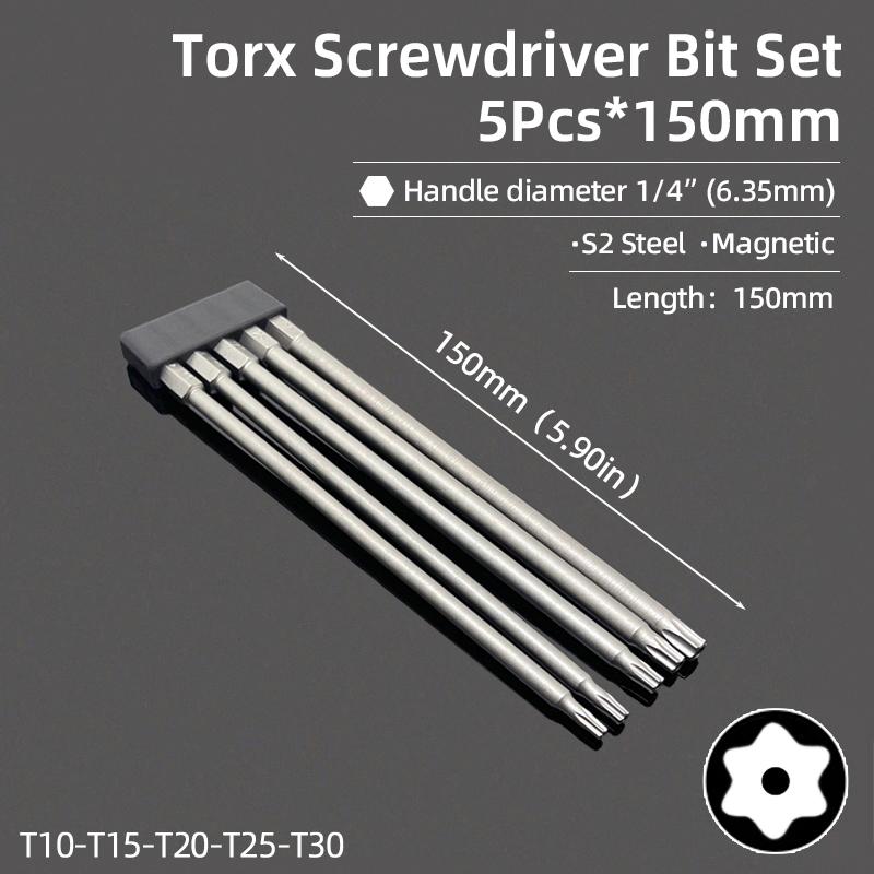 Magnetic Torx Screwdriver Bit 150mm T6-T40 1/4" Hex Shank Hollow Plum Blossom Hole Security Bits S2 Steel Electric Hand Tools
