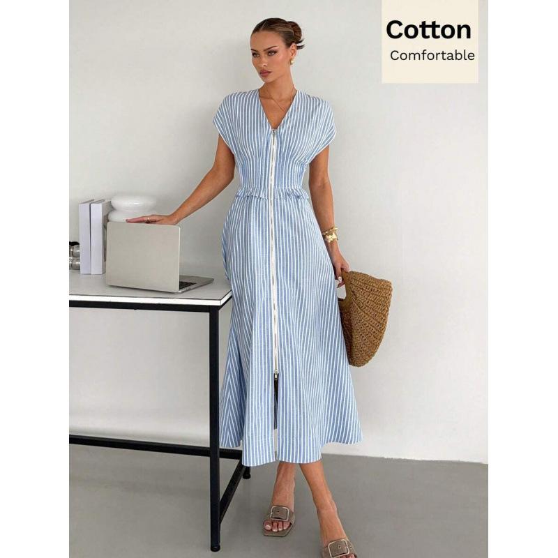 European summer new gentle vacation style blue and white striped waist V-neck long dress women XS