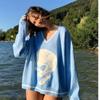 Damen Pullover mit Langarm-Print, Weich, V-Ausschnitt, Locker, Koreanischer Preppy-Stil