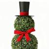 Christmas Artificial Snowman Shaped Topiary Tree Pot with Red Bow Faux Plant for Indoor Outdoor Home Porch Yard Holiday Decor