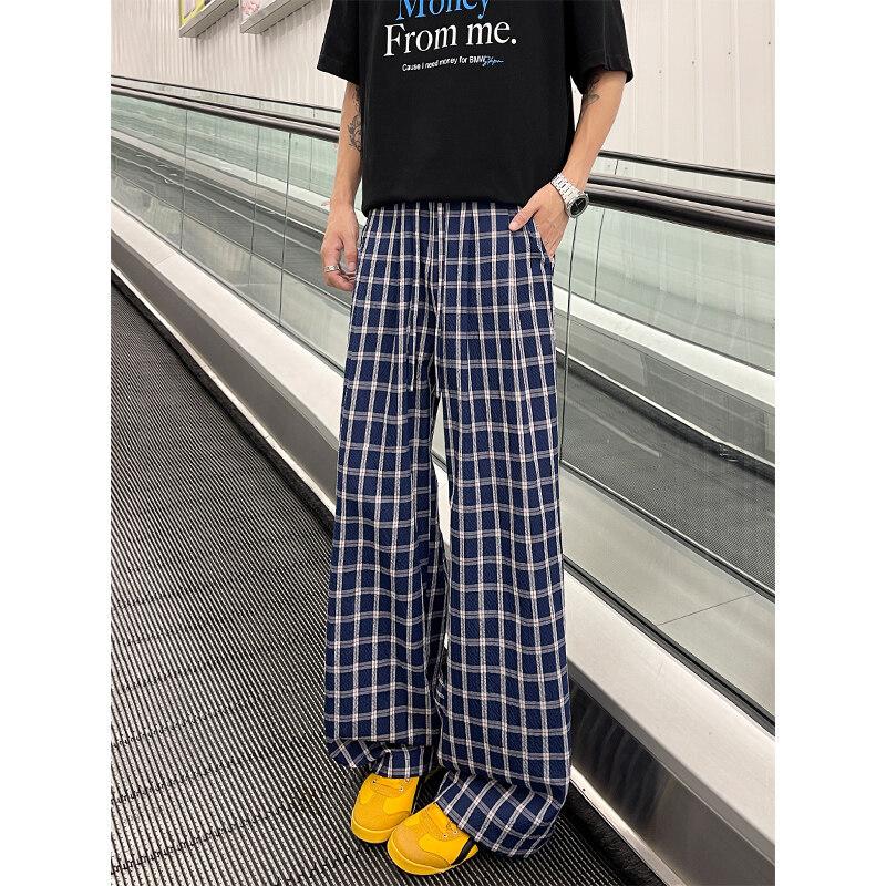 Pantalons à carreaux style Hong Kong d'été pour garçons Tendance Amples Jambes larges Décontractés Fins Polyvalents Droits Pantalons pour couples étudiants