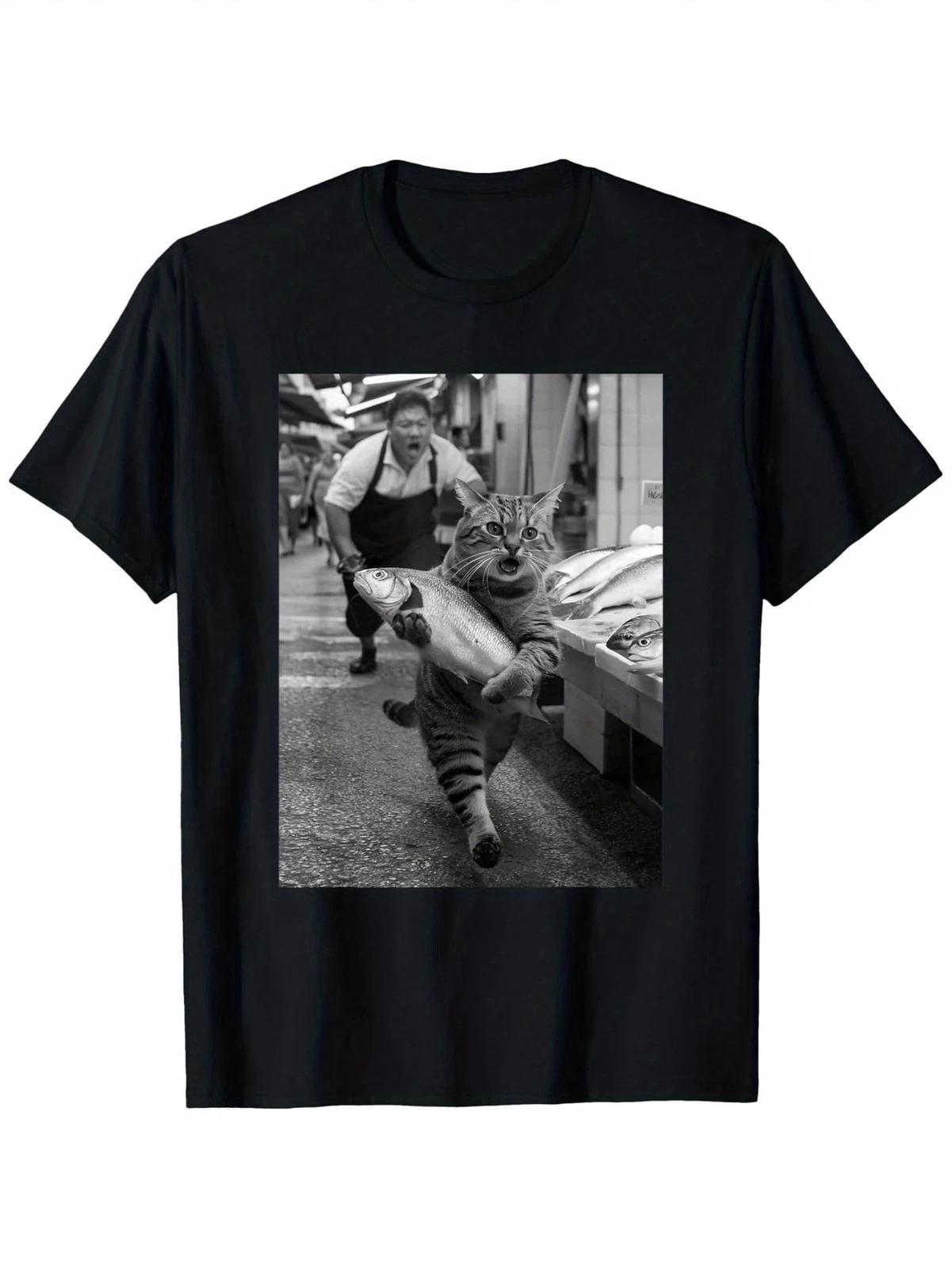 Funny Cat Steals Fish Market Black & White Meme T-Shirt | Unisex | 100% Cotton XS