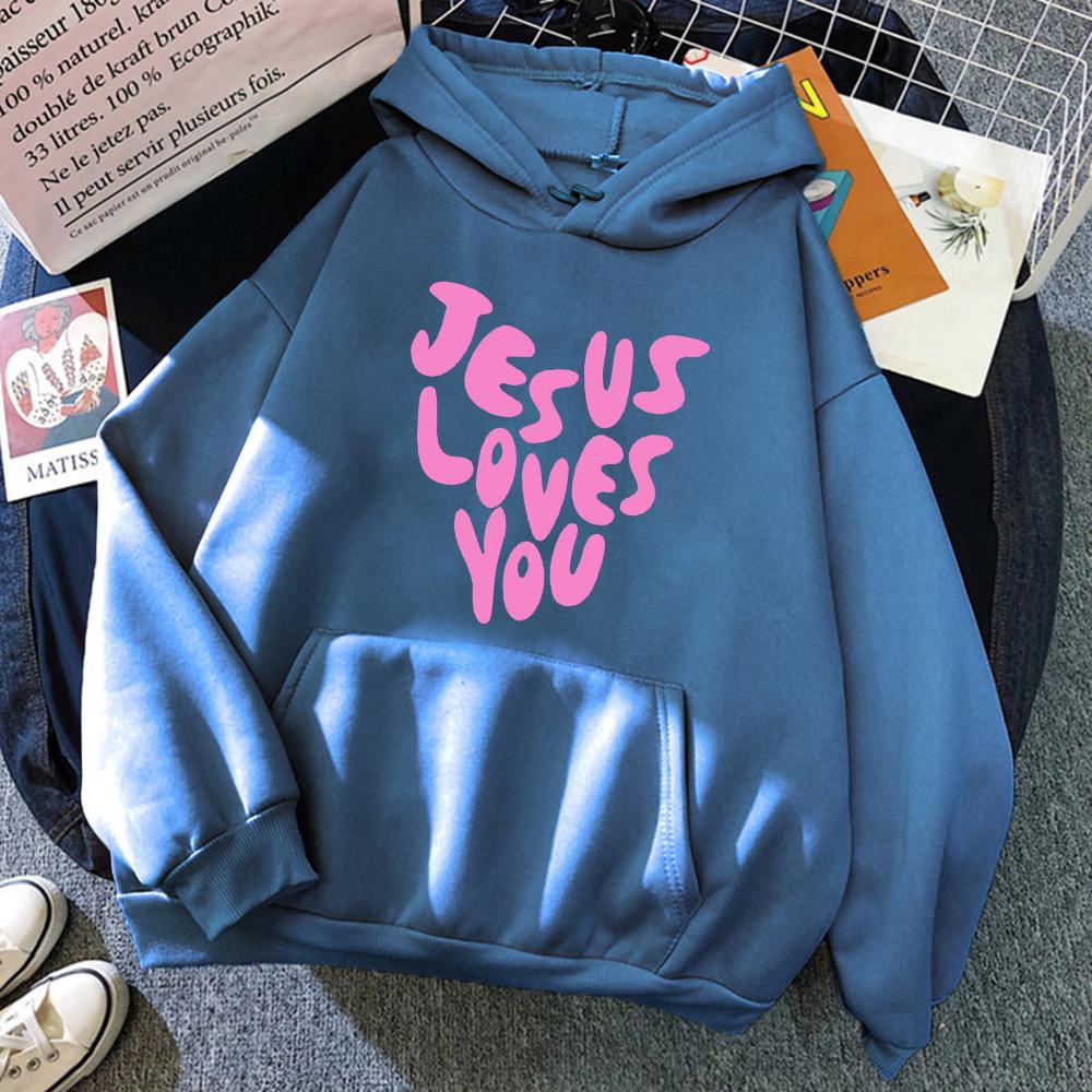 Jesus Loves Me Letter Funny Prints Hoodies Women Autumn Warm Sweatshirt Fleece All-Match Clothes Pocket Oversized Hoody