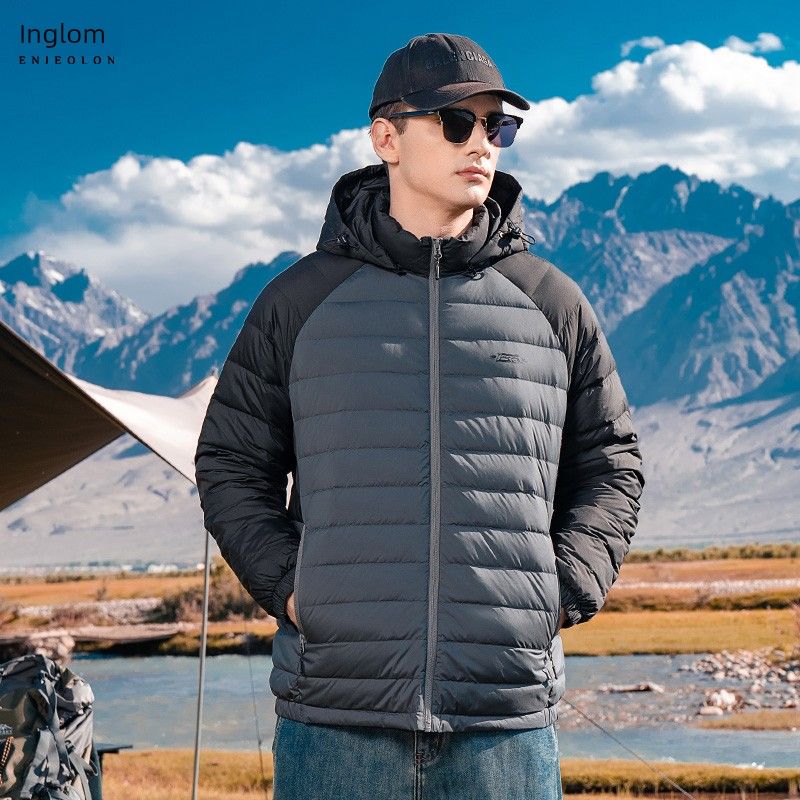

Yingjuelun Patchwork Color-Blocking Lightweight down Jacket for Men with Detachable Hood, Winter Cold-Proof White Duck down Coat D Gray and Black M
