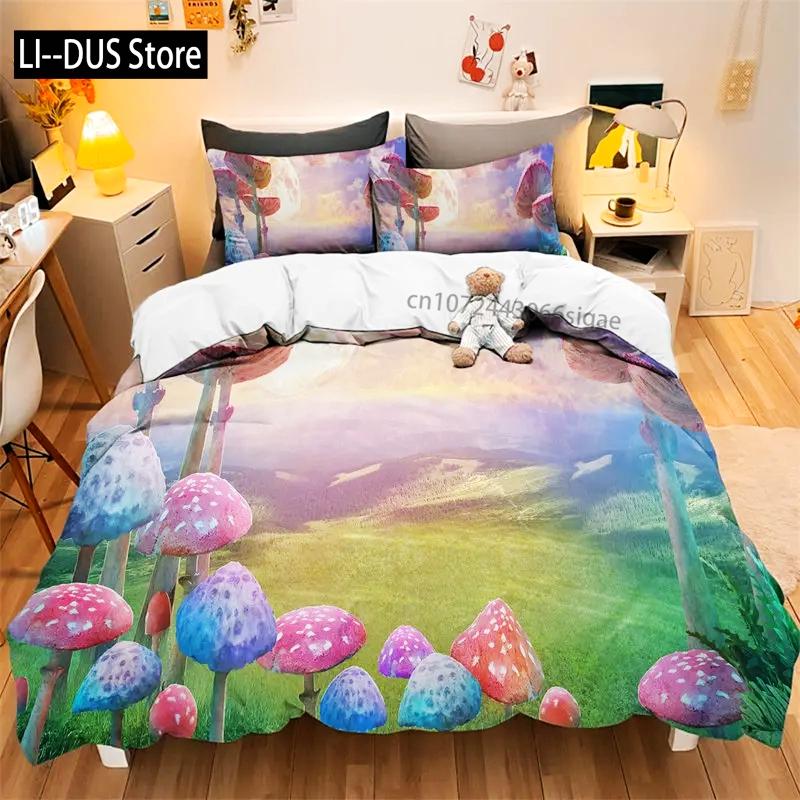 Bettbezug-Set mit Aquarell-Pilzmotiv, Wilder Wald, verschiedene Pilz-Bettwäsche-Sets, fantastische Landschaft, Bettbezug für Kinder und Erwachsene