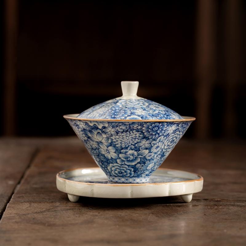 Retro Ru Kiln Tea Tureen Ceramic Sancai Cover Bowl Tea Maker Gaiwan Can Raise Kung Fu Teaware