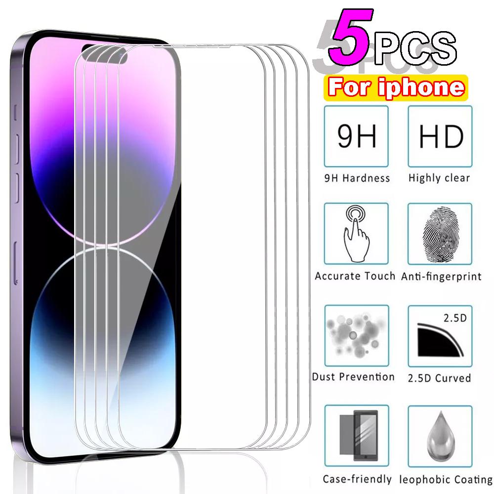 5pcs Tempered Glass For iPhone 15 Pro Max Screen Protector For iphone 7 8 11 12 13 14 15 16  16 E Plus X XR XS Max Mini Protective Glass