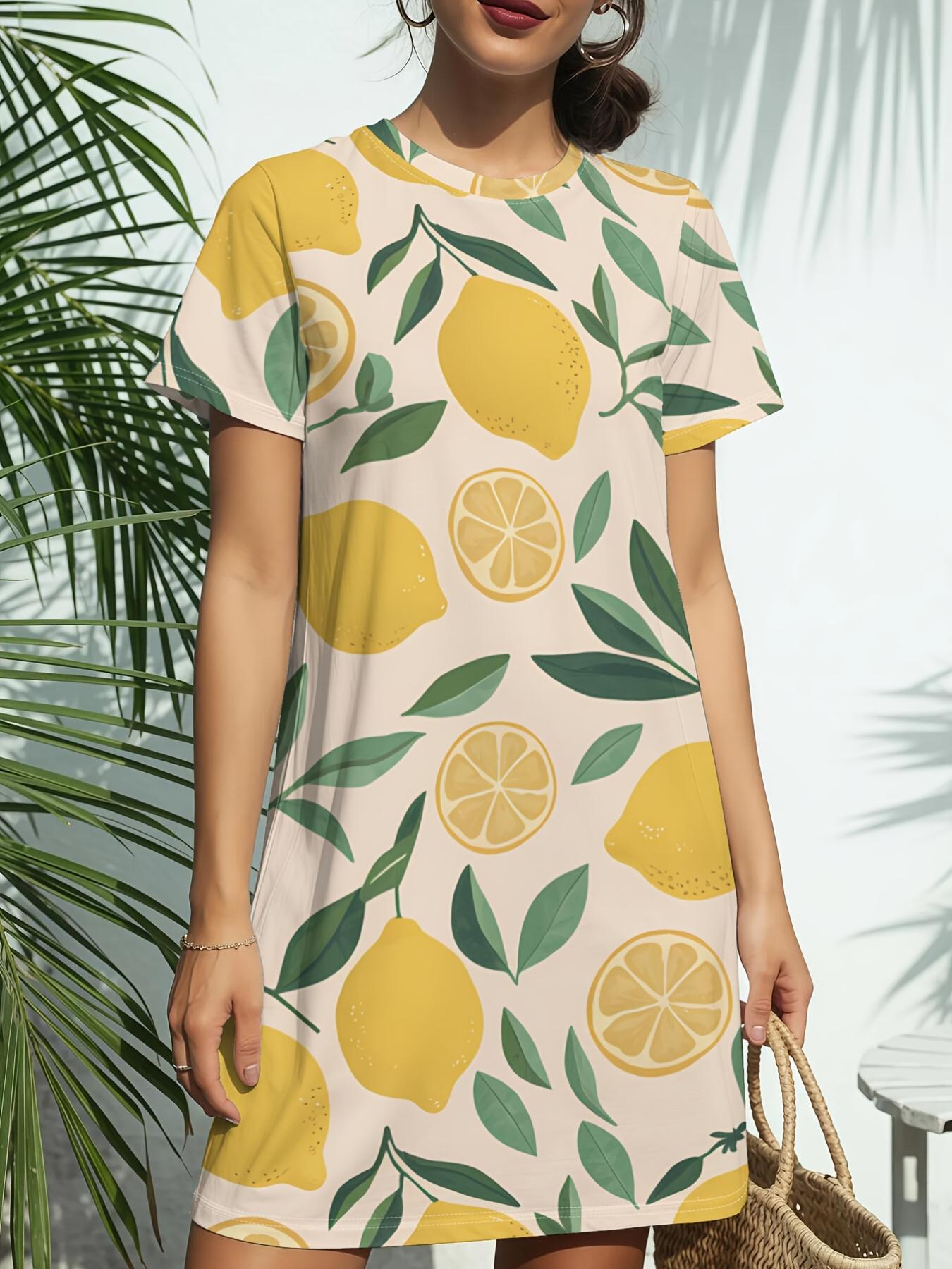 

Lemon Zest Women s Short Sleeve T-Shirt Dress - Crew Neck -Line Dress with Lemon Zest Print. Casual Spring Summer Outfits. Versatile Dress Suitable fo 5XL дубильна кора
