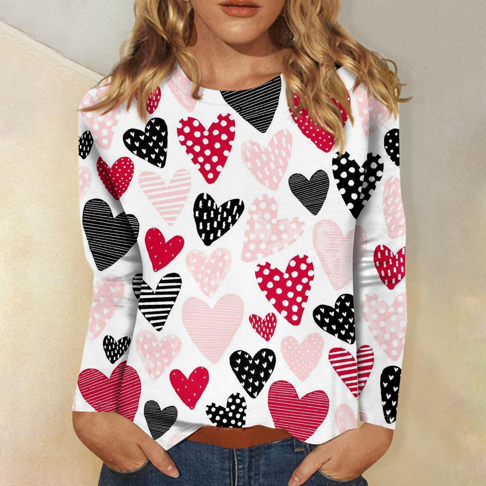 

Женская мода повседневная с длинным рукавом и принтом ко Дню святого Валентина с круглым вырезом S белый