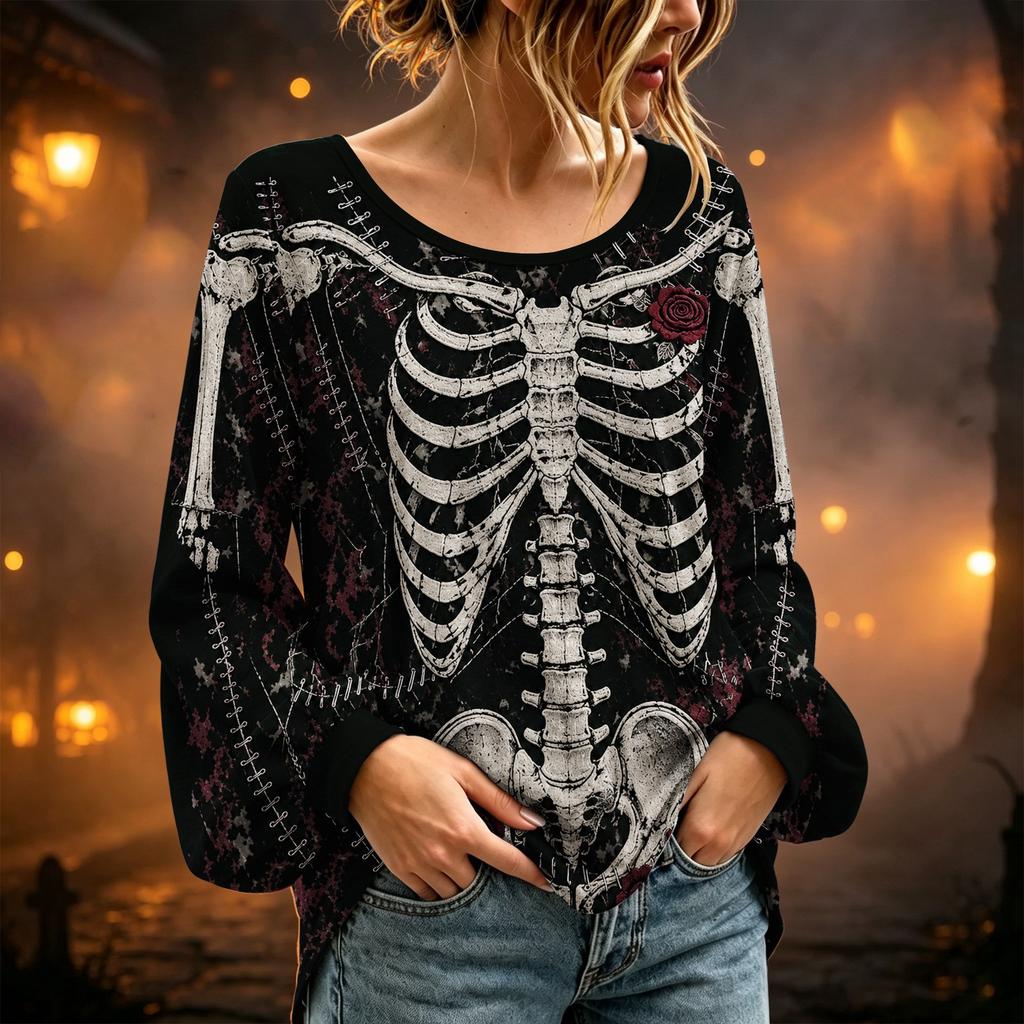Women's Round Neck Long Sleeve Halloween Print Blouse Top for Party Wear