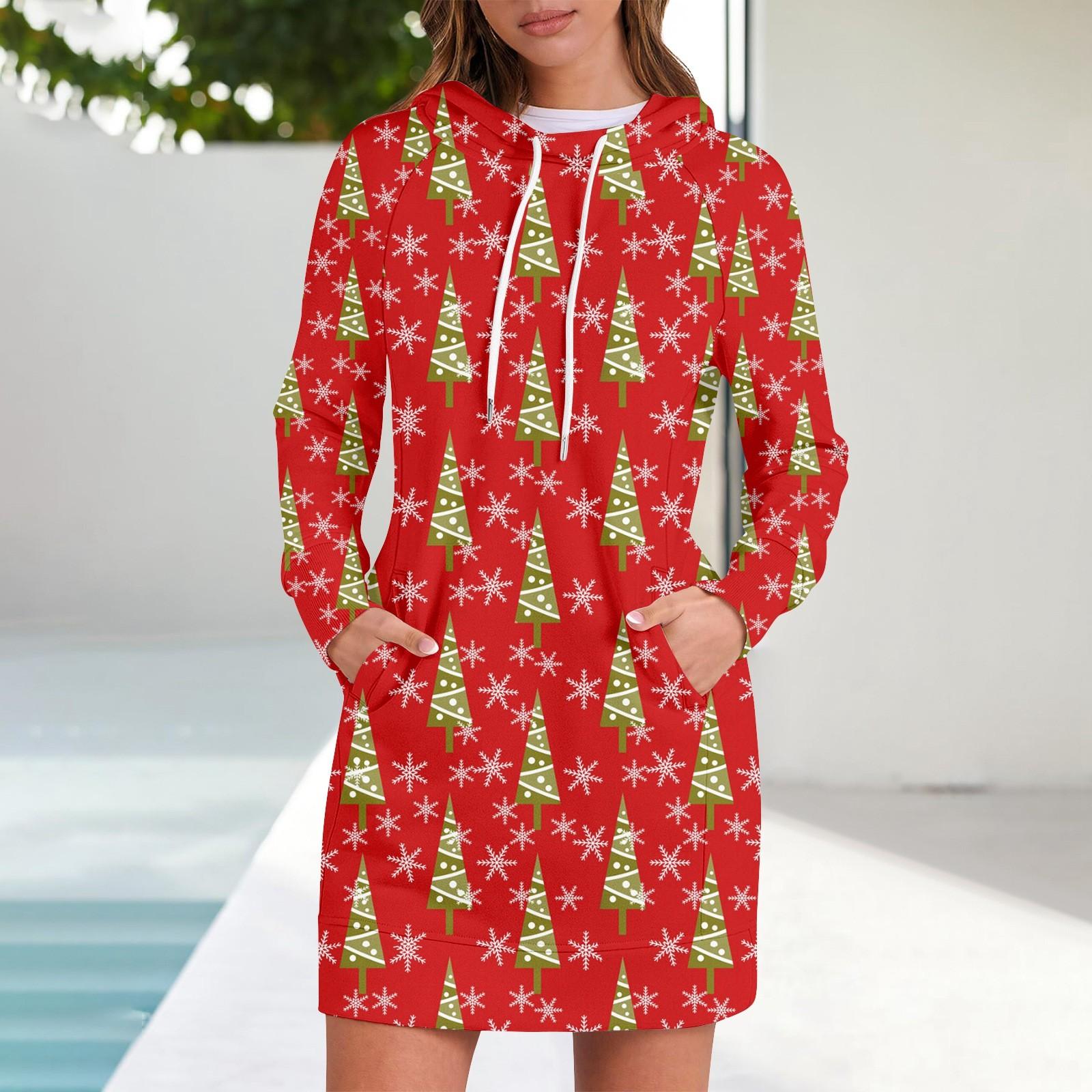 

Женские осенние топы с длинными рукавами и принтом «Рождественская елка и снежинка», с круглым вырезом, в стиле пэчворк, повседневные платья с капюшоном и рукавами реглан S