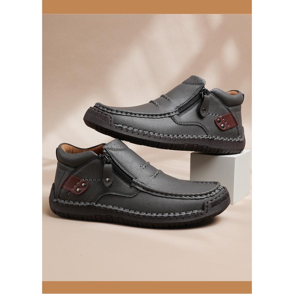 Oversized Men's Outdoor Casual Shoes, Flat Bottomed Handmade Stitched Leather Shoes, High Top Oversized Shoes, Boots