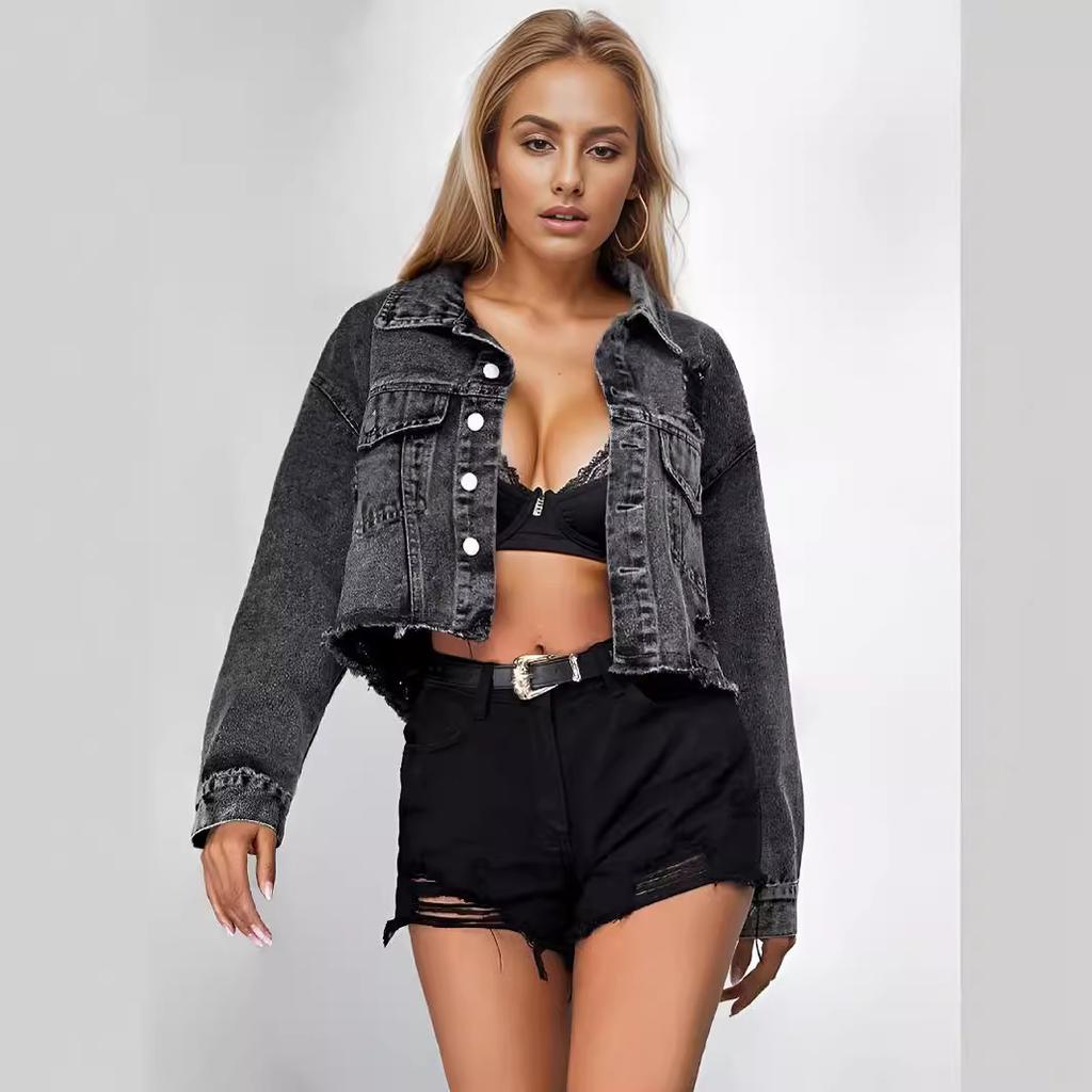 Women's Denim Jacket Autumn Fashion Raw Edge Ripped Denim Short Jacket