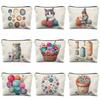 Creative Sewing Theme Print Makeup Bag Polyester Zipper Pouch Button Yarn Cat Pattern Organizer for Travel Daily Use 21.5x15cm