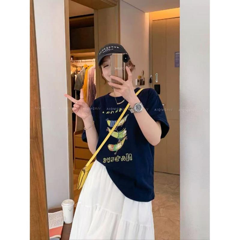 Damen Cartoon Banane Rundhals Kurzarm T-Shirt, Ein modisches, lockeres und lässiges Oberteil für den Sommer