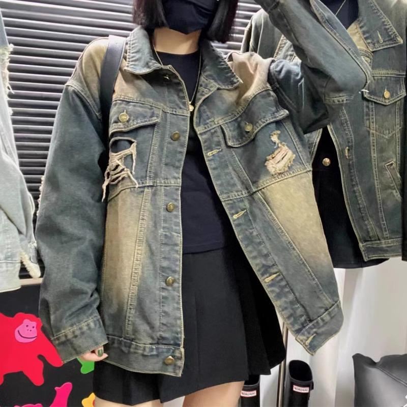 Women’s Retro Distressed Ripped Denim Jacket - Loose Mid-Length Long Sleeve, Spring 2024 Trend.
