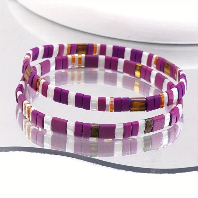 Purple White Boho Seed Bead Bracelet, Handmade Beaded Jewelry for Beach Party Daily Wear