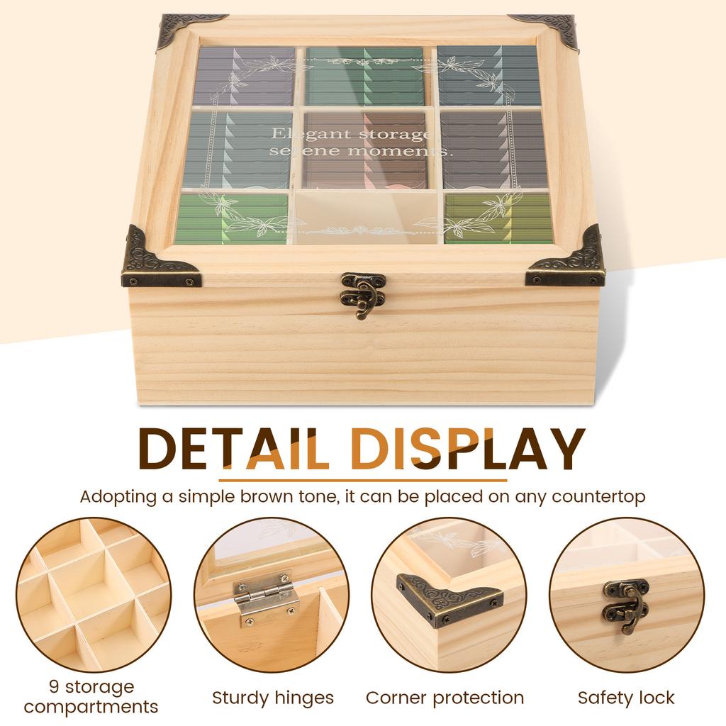 9 Grids Wooden Coffee tea sugar Bag Storage Box Clear Window Lid Sorting Tea Bag Organizer box Office Kitchen Cabinet Organzier