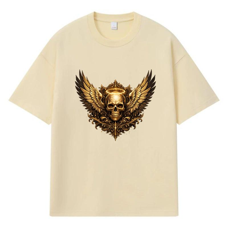 2026 Skull With Wings And Halo Printed Graphic Y2k Harajuku Streetwear 100% Cotton T Shirt Casual Oversized Summer Men T-shirt