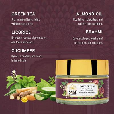 Crème de Nuit Anti-Rides Sage Royal Ayurveda avec Brahmi, Thé Vert & Arginine | Aide avec les Ridules & la Pigmentation | Contient Réparation de la Peau pendant la Nuit
