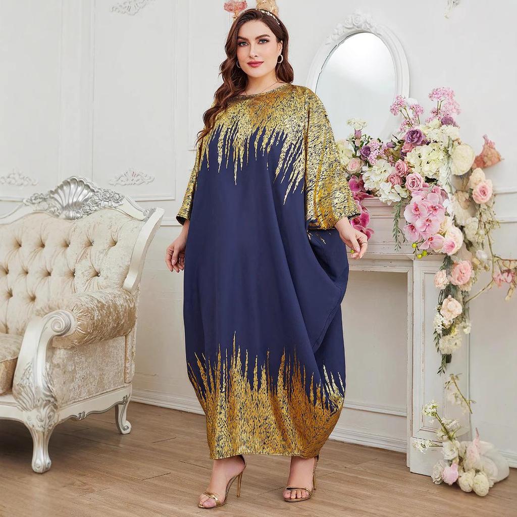 3057 Nahöstliches muslimisches Kleid: Kontrastnähte, weiter Fledermausärmel, Langarm mit Heißprägung