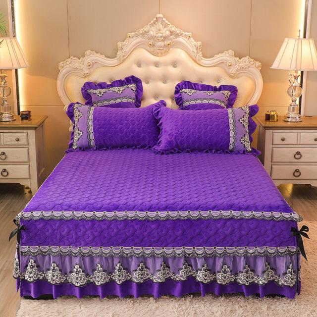 Romantische luxe fluwelen gewatteerde sprei, dikker fijn flanel borduurwerk kant, bedrok, kingsize bedovertrek, exclusief kussensloop 1pc Skirt 180x200cm