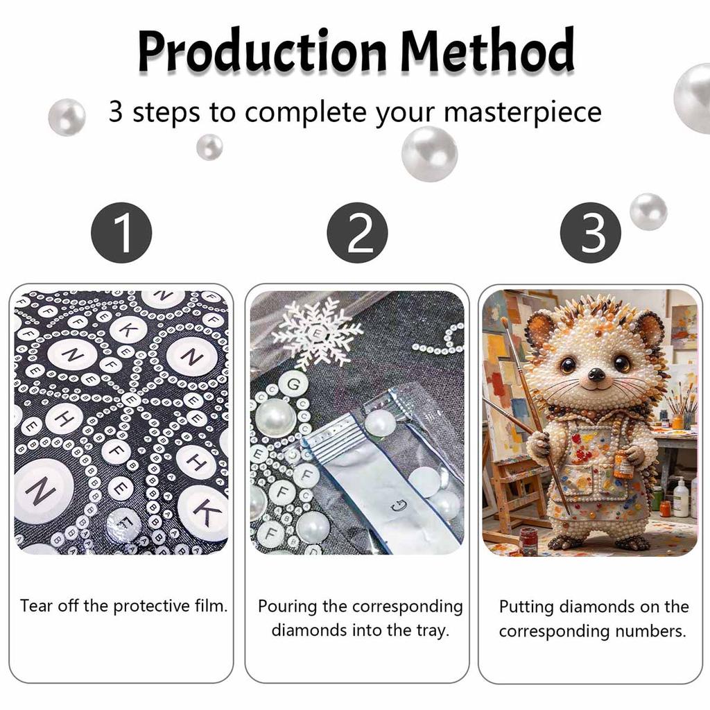 5D Framed Pearl Painting Kit Cute Artist Hedgehog Pattern Sparkling Bead Art Canvas Ready to Display Creative Home Decor Gift