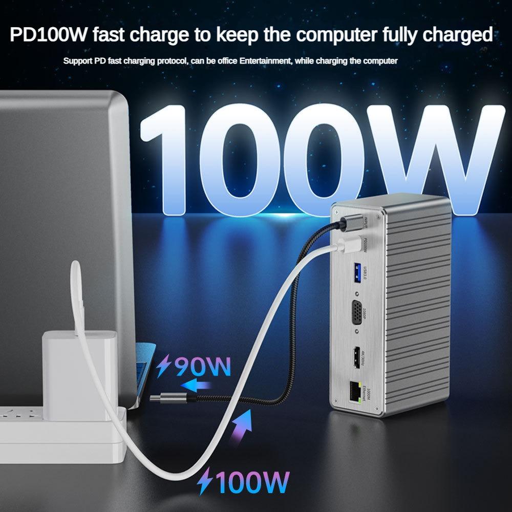 USB-C Hub Docking Station 13in1 With 100W PD Charging 4K HDTV VGA Ethernet LAN 4 USB Ports SD TF Card Reader for Mac Laptop iPad