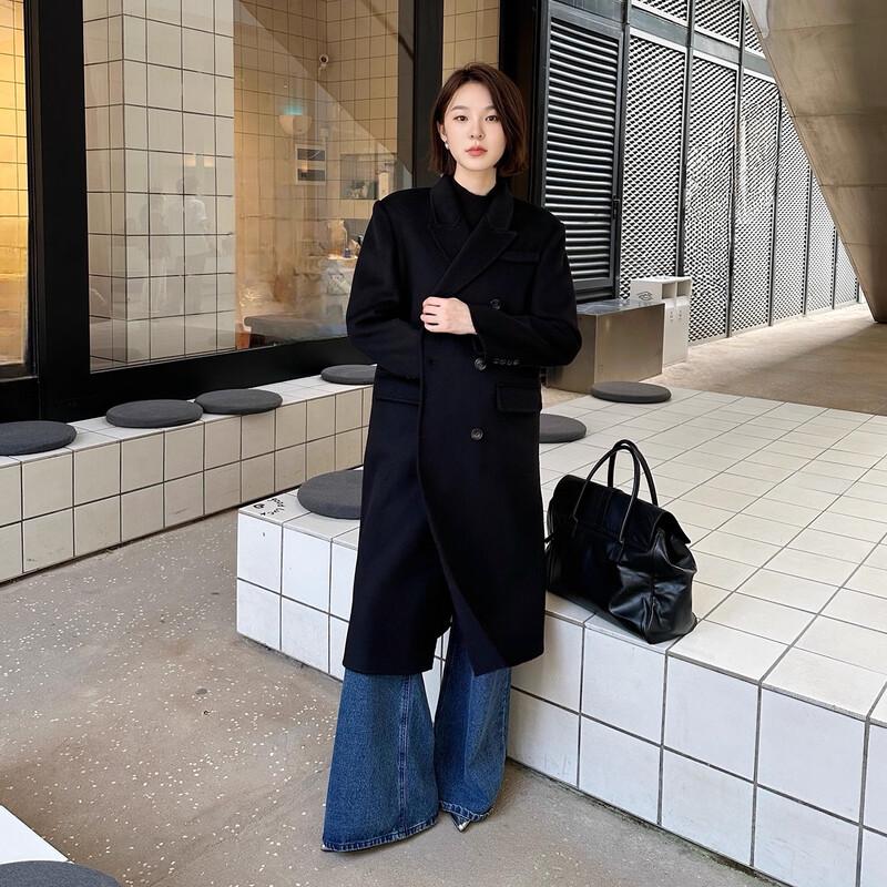 

Women s Notched Lapel Mid-Length Wool Coat XS