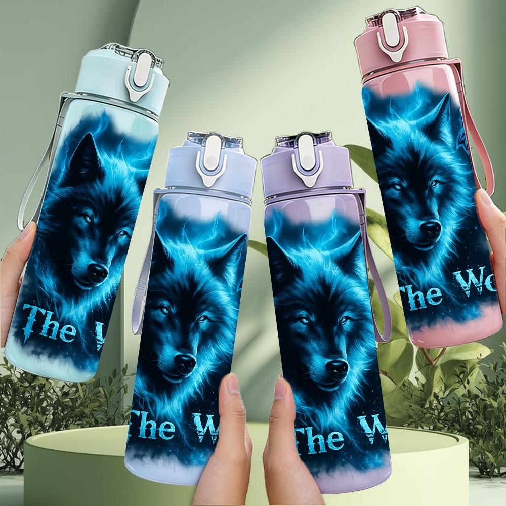 1PC Blue Wolf Night Glow Animal Print 750ml Color Plastic Sports Water Bottle Leakproof Flip Straw Lid Suitable for Sports Office Home Use