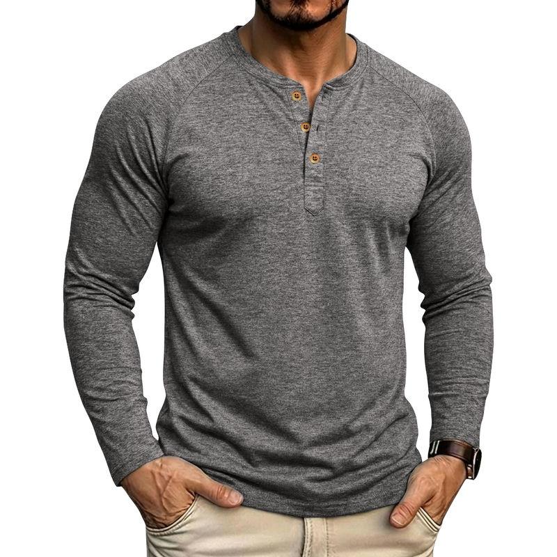 Mens Classic Style Henley Pullover Tops Raglan Long Sleeve Solid Color Daily Casual Wear Crew Neck Basic T Shirts
