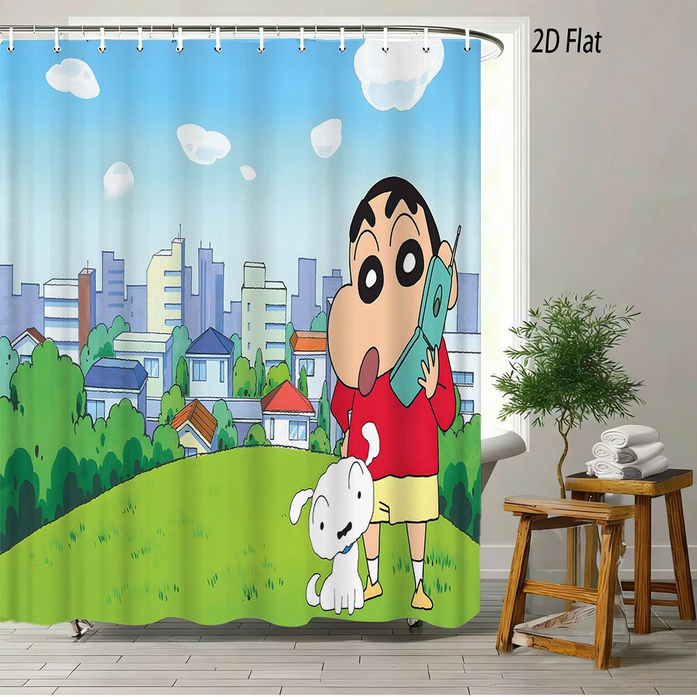 Crayon Shin-Chan Toru Kazama Animal Cosplay Peeking From Green Window Scene 2D Print Waterproof Shower Curtain, Bold Blue & Gree
