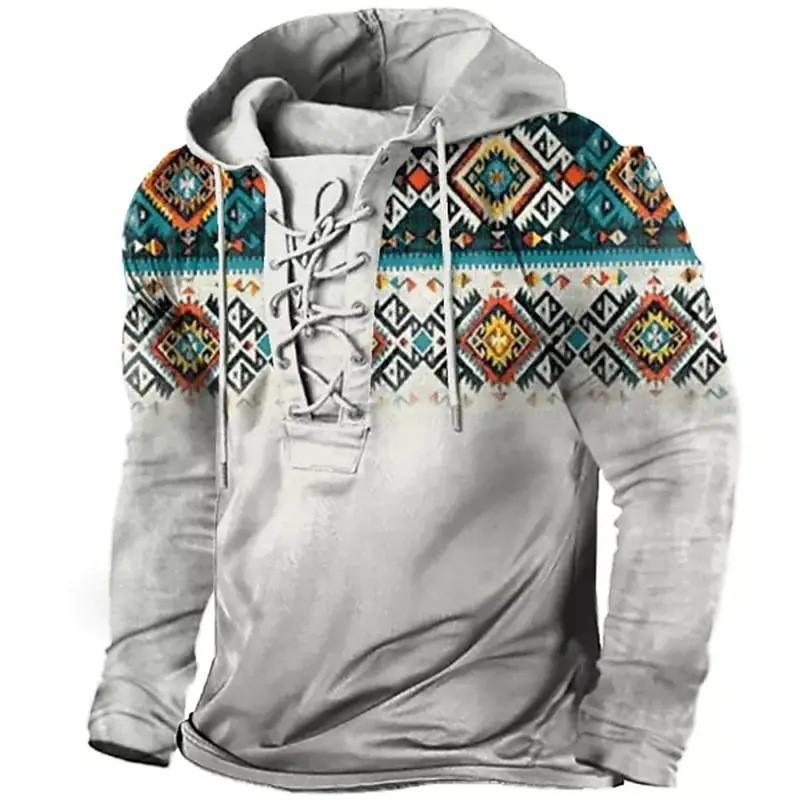 Size Men's Outdoor Retro Lace-up Long-sleeved Hoodie Autumn and Winter Casual Lace-up Sweatshirt For