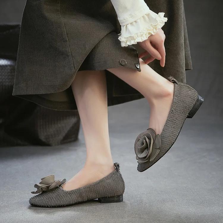 Johnature Genuine Leather Flower Low Heeled Shoes Retro Lightweight And Comfortable Women's Slip-on Shoes