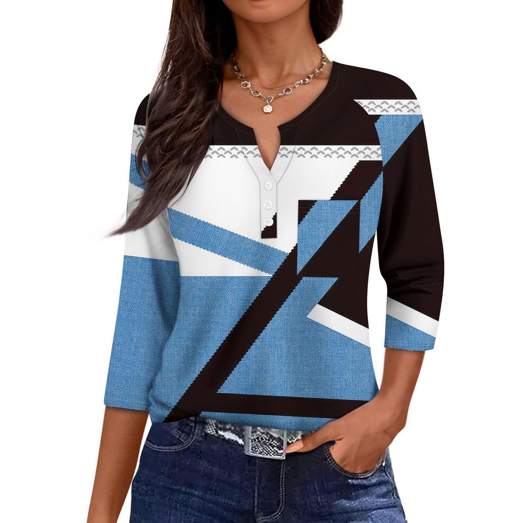 Women's Casual Fashion V-neck Loose Versatile Floral Print Three-quarter Sleeves