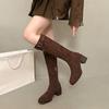 Cow Suede Tall Boots Fall Winter New Round Toe Side Zipper Belt Buckle Soft Sole Non-Slip Block Heel Boots