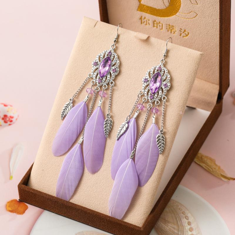 Fashion Temperament Bohemian Feather Earrings for Women Long Crystal Leaf Vintage Earring Female Wedding Party Jewelry